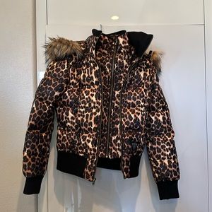 Guess Leopard Puffer Jacket with Fur Trim Hood